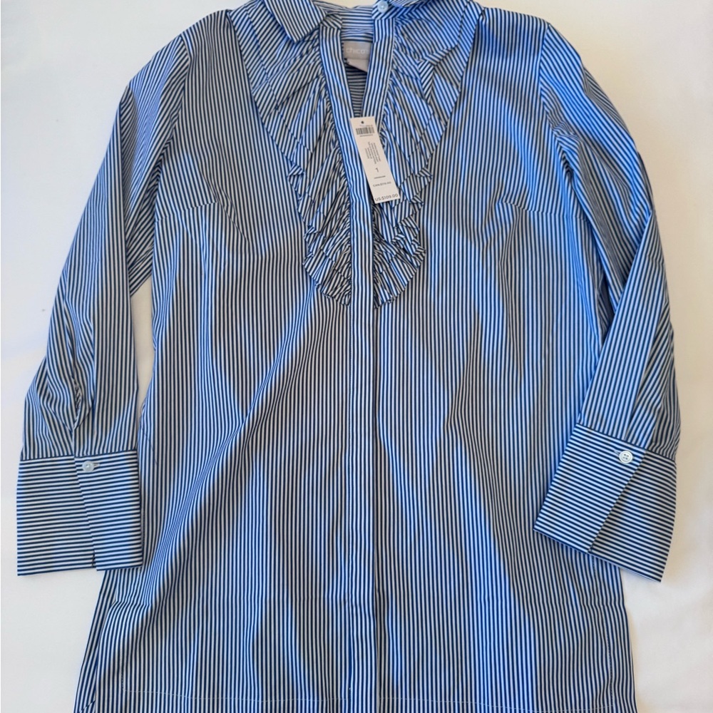 Chico's Blue and White Striped Ruffle Blouse